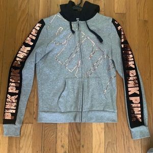NWOT Victoria’s Secret pink bling zip up sweatshirt hoodie with rose gold copper